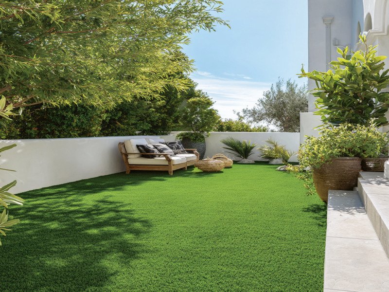 Een weelderig kunstgras gazon met een zichtbare doorsnede die de onderlaag toont